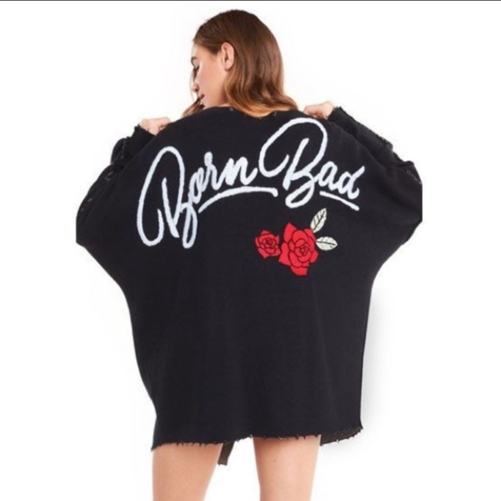 Wildfox Black 'Born Bad' Oversized Cardigan with Red Rose Detail